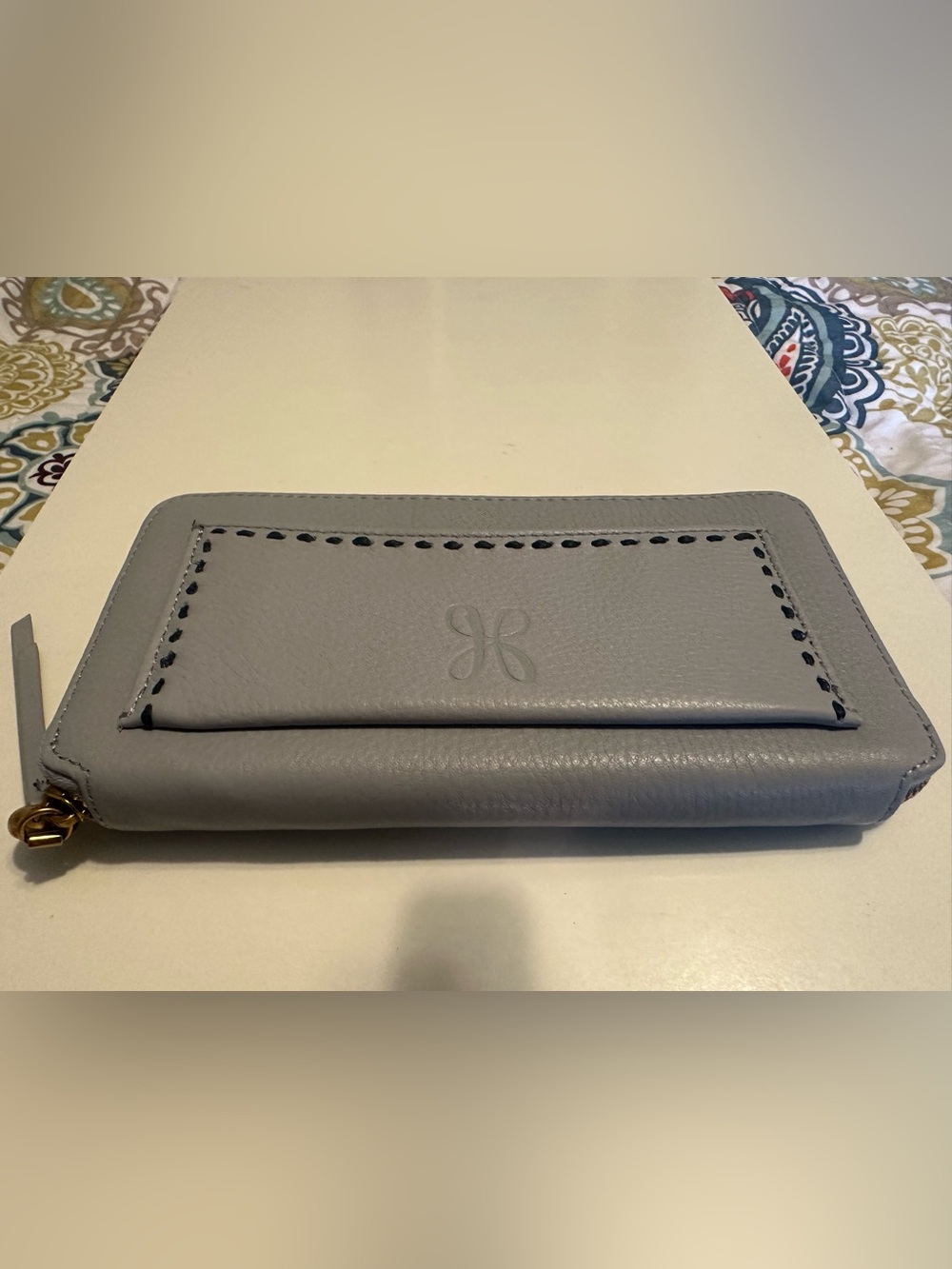 Hobo Grey Pebbled Leather Zip Wallet with Stitch Detail